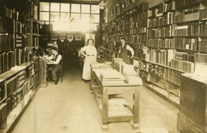 Ernest Dawson in first book shop, Broadway Street, Los Angeles, circa 1907